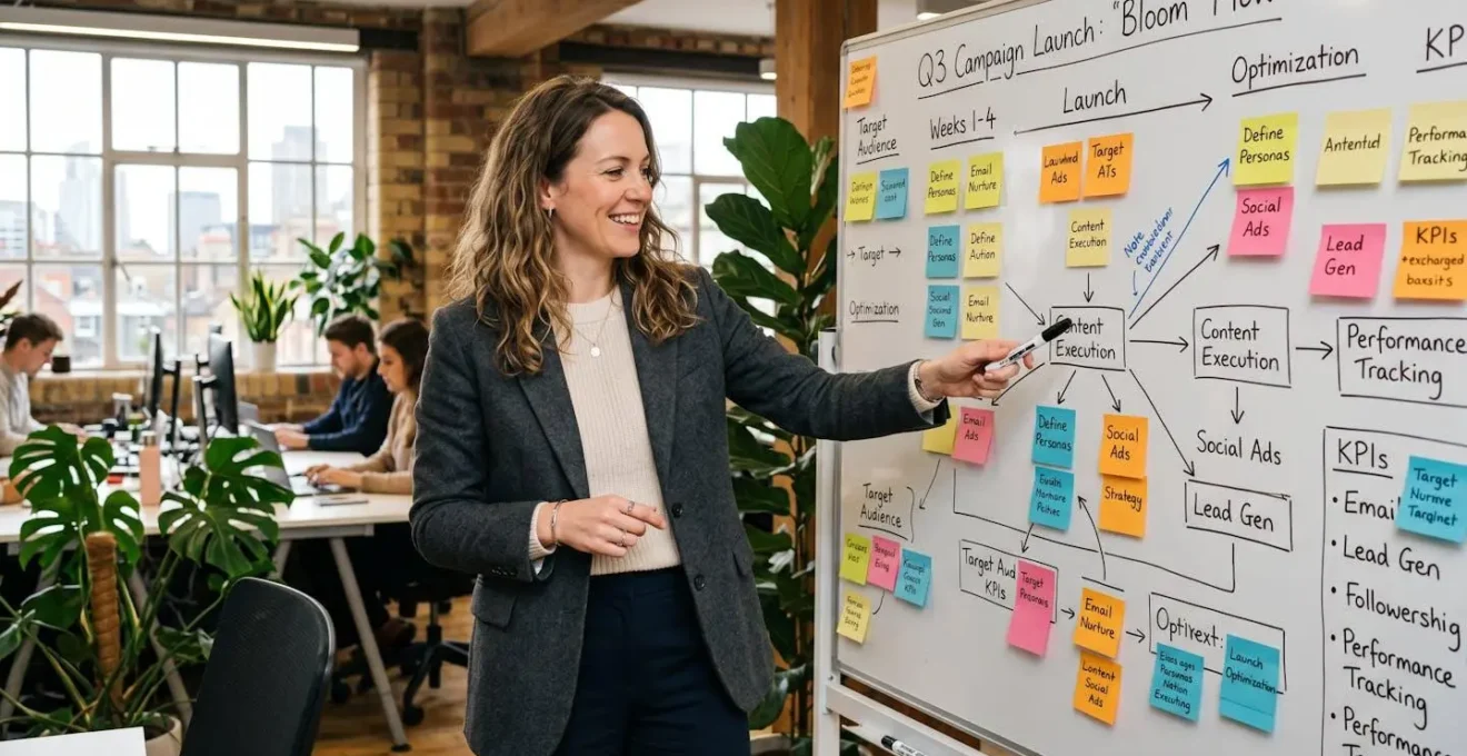 Stratégiste digital devant un tableau blanc avec post-its représentant un plan de campagne vidéo multiformat